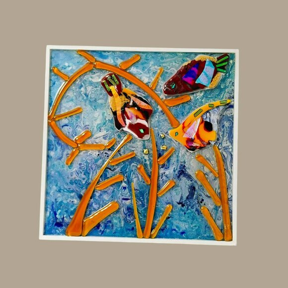 Handcrafted Glass Collage Wall Art with Fish By Elena...